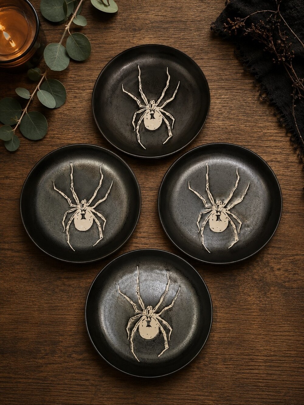 Threshold Set of 4 Black Widow Spider Appetizer Plates